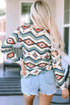 Printed Notched Neck Long Sleeve Top Blouses - Tophatter Daily Deals