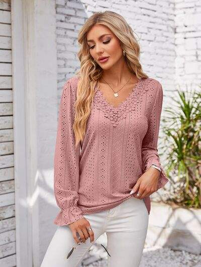 Applique V-Neck Flounce Sleeve T-Shirt Light Mauve Women's T-Shirts - Tophatter Daily Deals