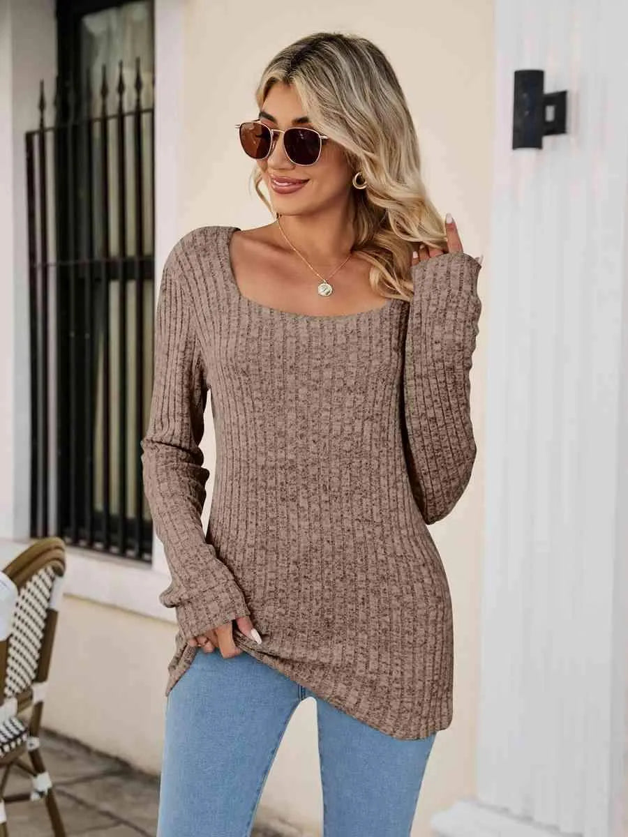 Square Neck Ribbed Long Sleeve T-Shirt Khaki Women's T-Shirts - Tophatter Daily Deals