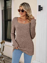 Square Neck Ribbed Long Sleeve T-Shirt Khaki Women's T-Shirts - Tophatter Daily Deals