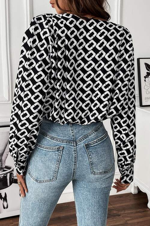 Geometric V-Neck Long Sleeve Blouse Blouses - Tophatter Daily Deals