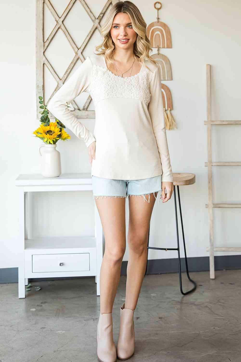 Double Take Lace Crochet Long Sleeve Top Women's T-Shirts - Tophatter Daily Deals