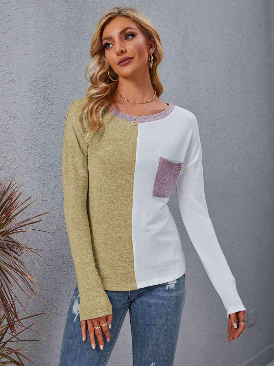 Color Block Round Neck Top with Pocket Chartreuse Women's T-Shirts - Tophatter Daily Deals