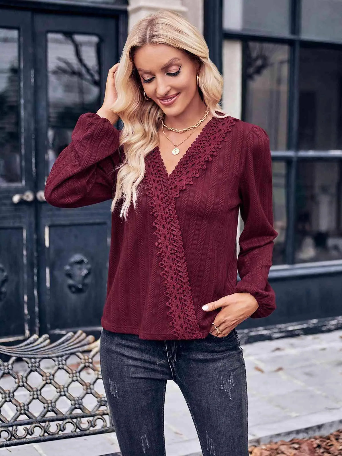 Puff Sleeve Surplice Neck Blouse Blouses - Tophatter Daily Deals