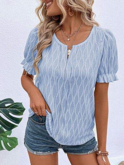 Ruffled Notched Short Sleeve T-Shirt Pastel Blue Women's T-Shirts - Tophatter Daily Deals