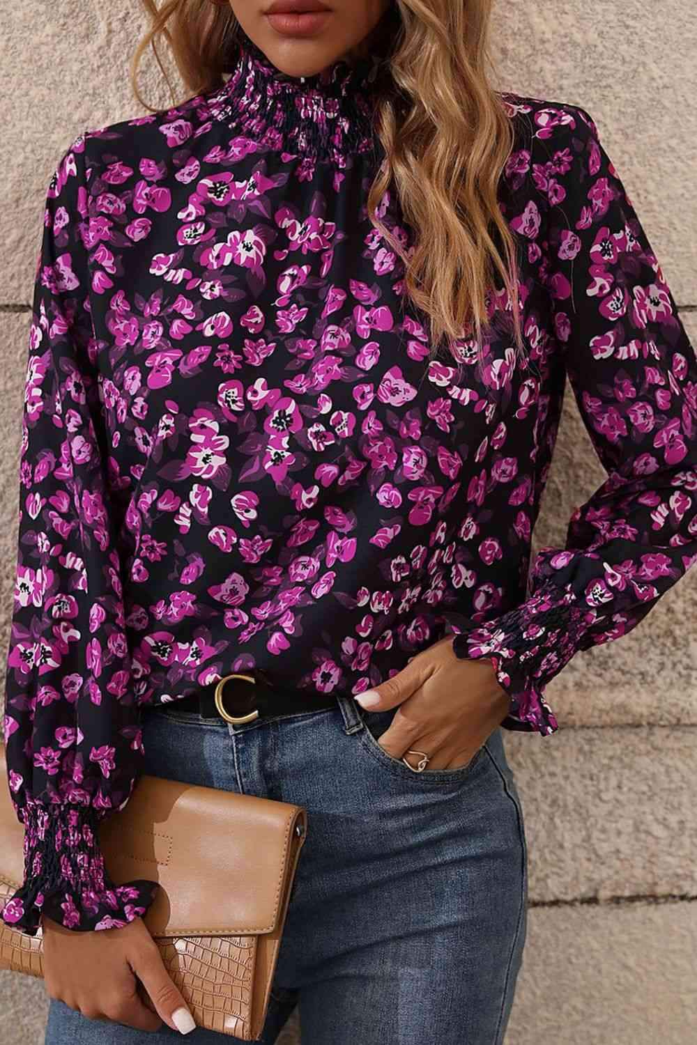 Floral Mock Neck Flounce Sleeve Blouse Blouses - Tophatter Daily Deals