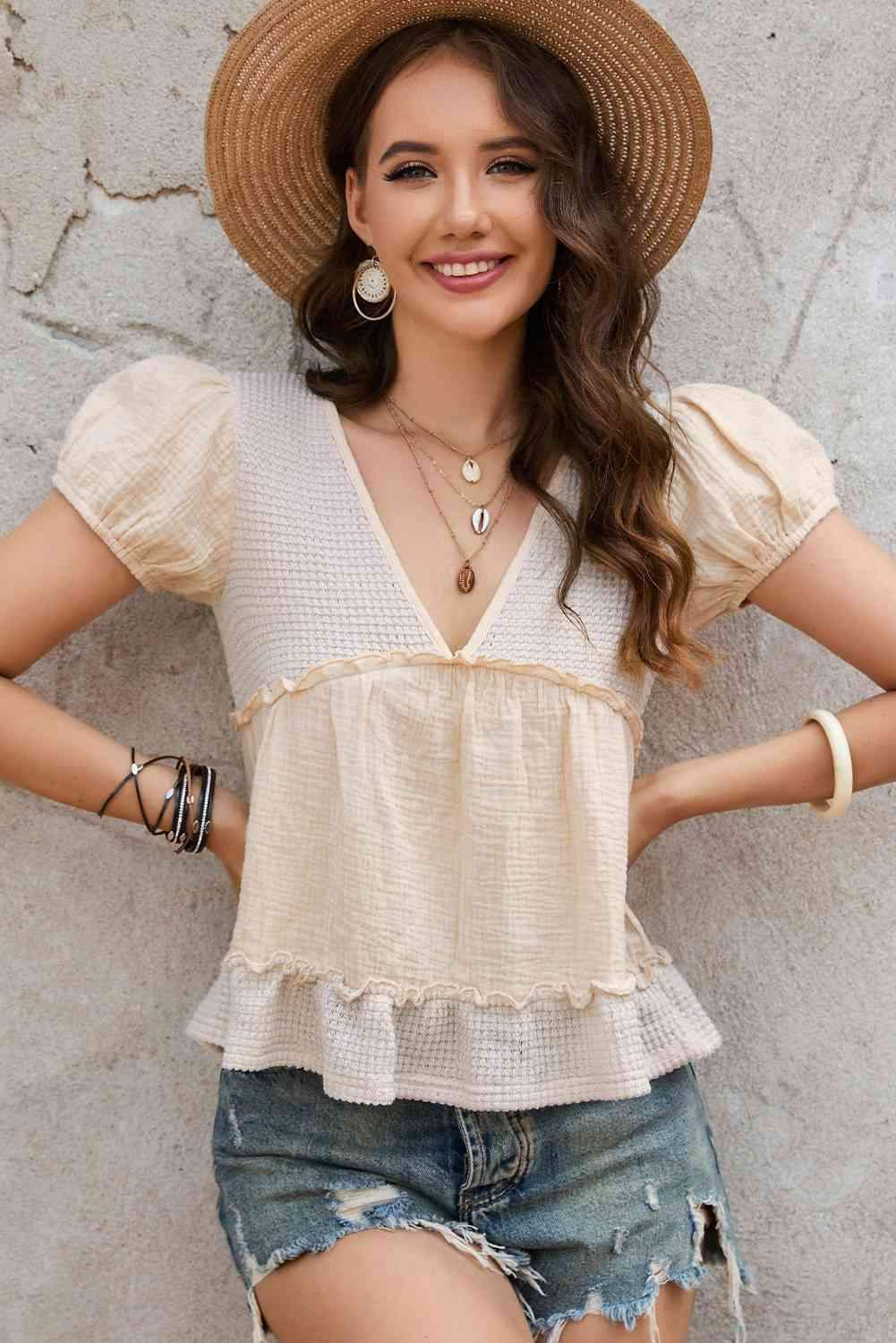 Deep V Frill Trim Babydoll Blouse Ivory Blouses - Tophatter Daily Deals