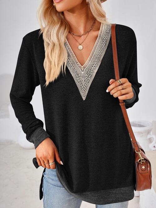 Crochet Contrast V-Neck Long Sleeve Slit T-Shirt Black Women's T-Shirts - Tophatter Daily Deals