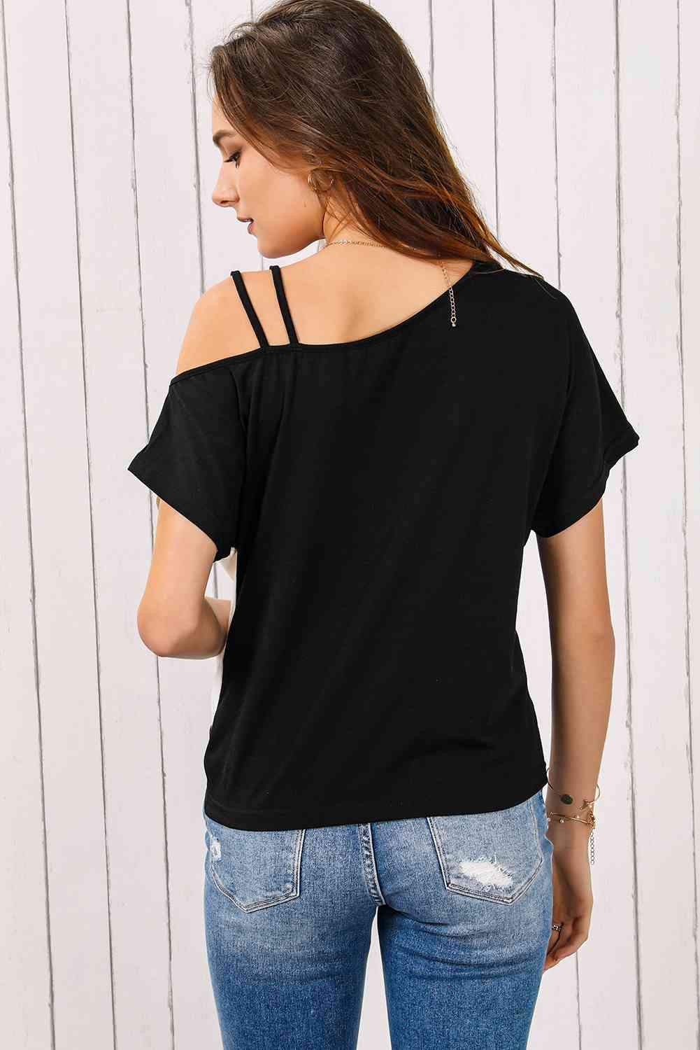 Contrast Twisted Asymmetrical Neck Top Blouses - Tophatter Daily Deals