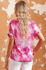 Floral Notched Neck Short Sleeve Top Blouses - Tophatter Daily Deals