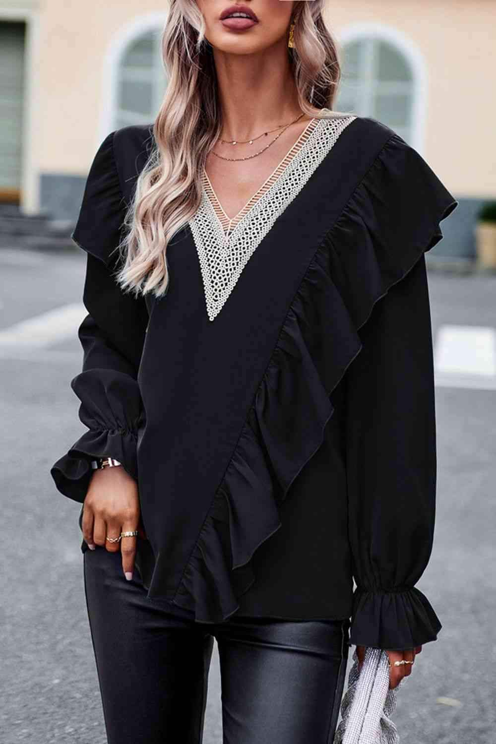 V-Neck Flounce Sleeve Ruffle Trim Blouse Black Blouses - Tophatter Daily Deals