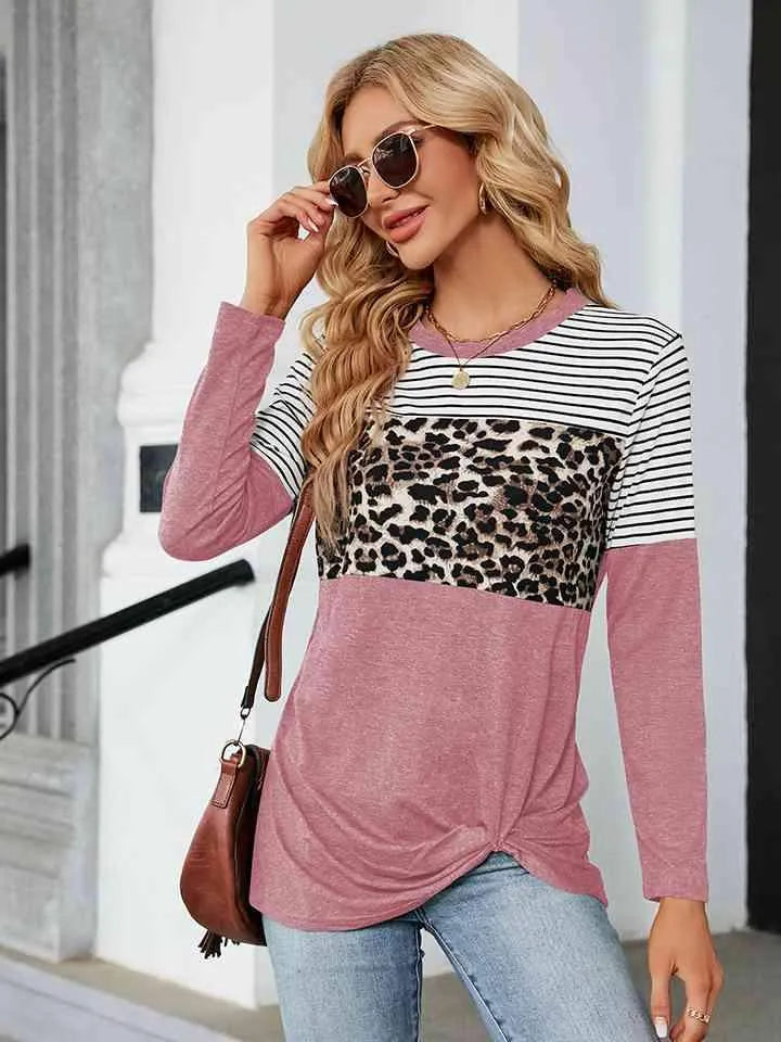 Color Block Round Neck Long Sleeve Blouse Blush Pink Blouses - Tophatter Daily Deals