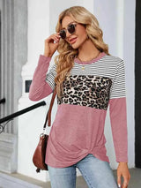 Color Block Round Neck Long Sleeve Blouse Blush Pink Blouses - Tophatter Daily Deals