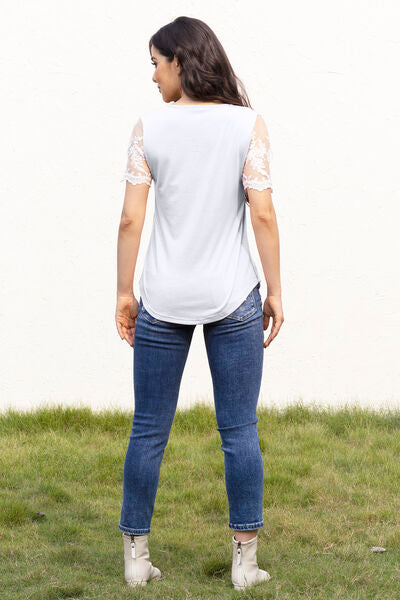 Square Neck Lace Short Sleeve T-Shirt Women's T-Shirts - Tophatter Daily Deals