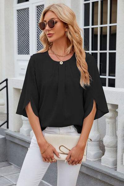 Round Neck Slit Half Sleeve Top Women's T-Shirts - Tophatter Daily Deals