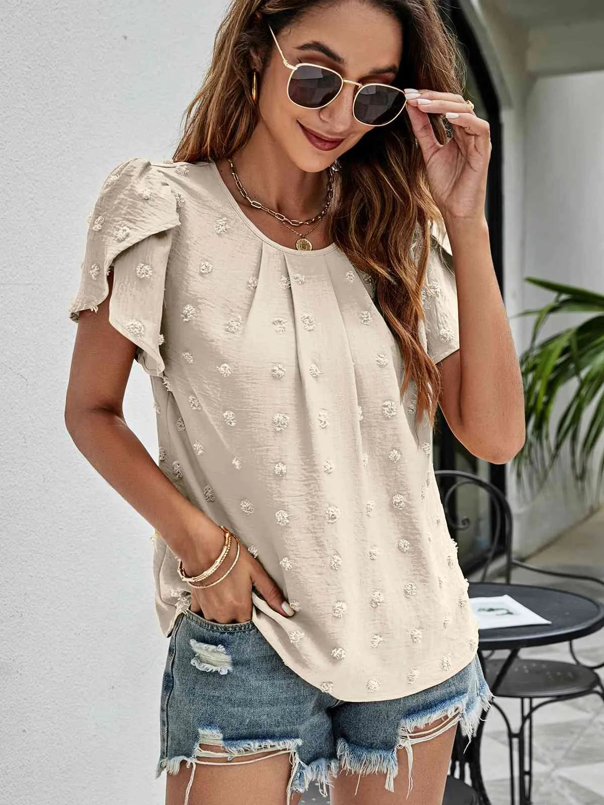 Swiss Dot Round Neck Petal Sleeve Top Blouses - Tophatter Daily Deals