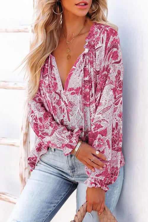 Floral Tie Neck Flounce Sleeve Blouse Blouses - Tophatter Daily Deals