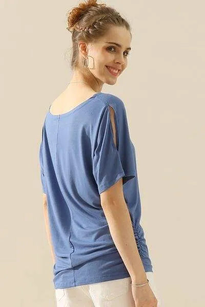 Ninexis Boat Neck Short Sleeve Ruched Side Top Blouses - Tophatter Daily Deals