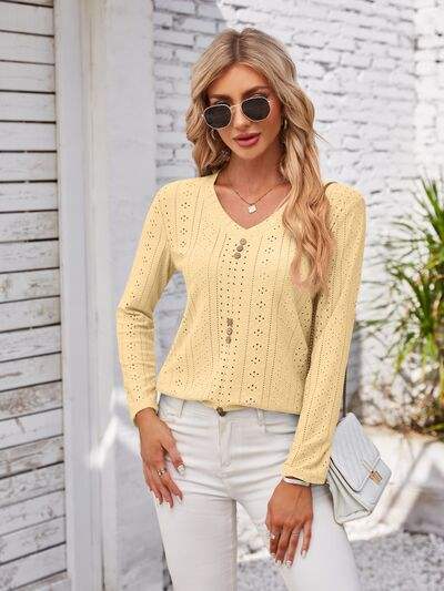 Decorative Button Openwork V-Neck T-Shirt Butter Yellow Women's T-Shirts - Tophatter Daily Deals