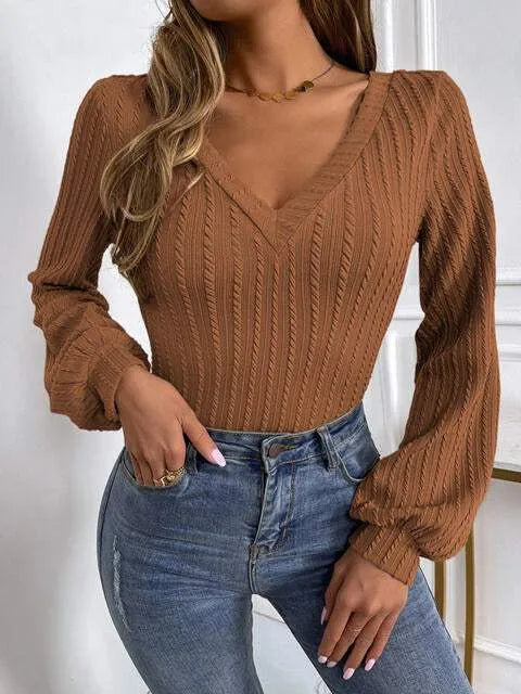 Ribbed V-Neck Lantern Sleeve Top Chestnut Blouses - Tophatter Daily Deals