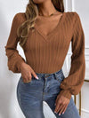 Ribbed V-Neck Lantern Sleeve Top Chestnut Blouses - Tophatter Daily Deals