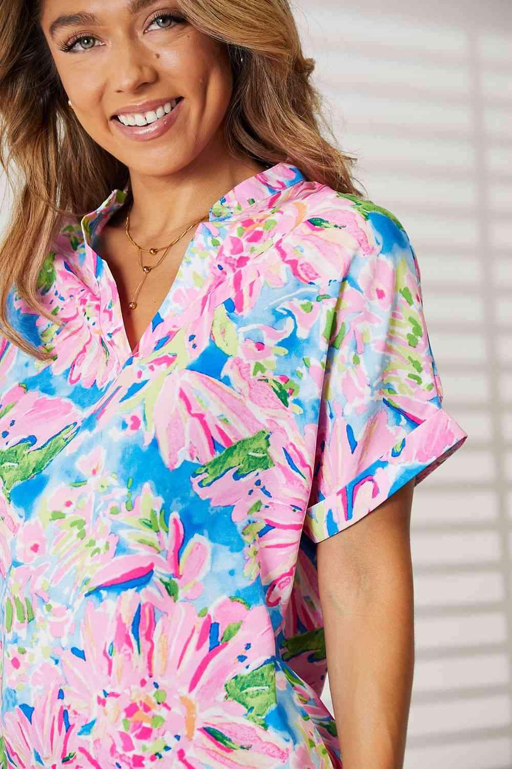 Double Take Floral Notched Neck Short Sleeve Top Blouses - Tophatter Daily Deals