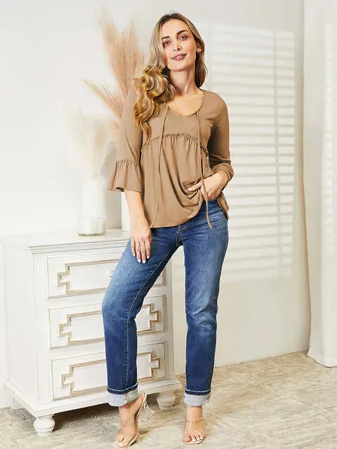 Ninexis Flounce Sleeve Full Size Babydoll Blouse Blouses - Tophatter Daily Deals