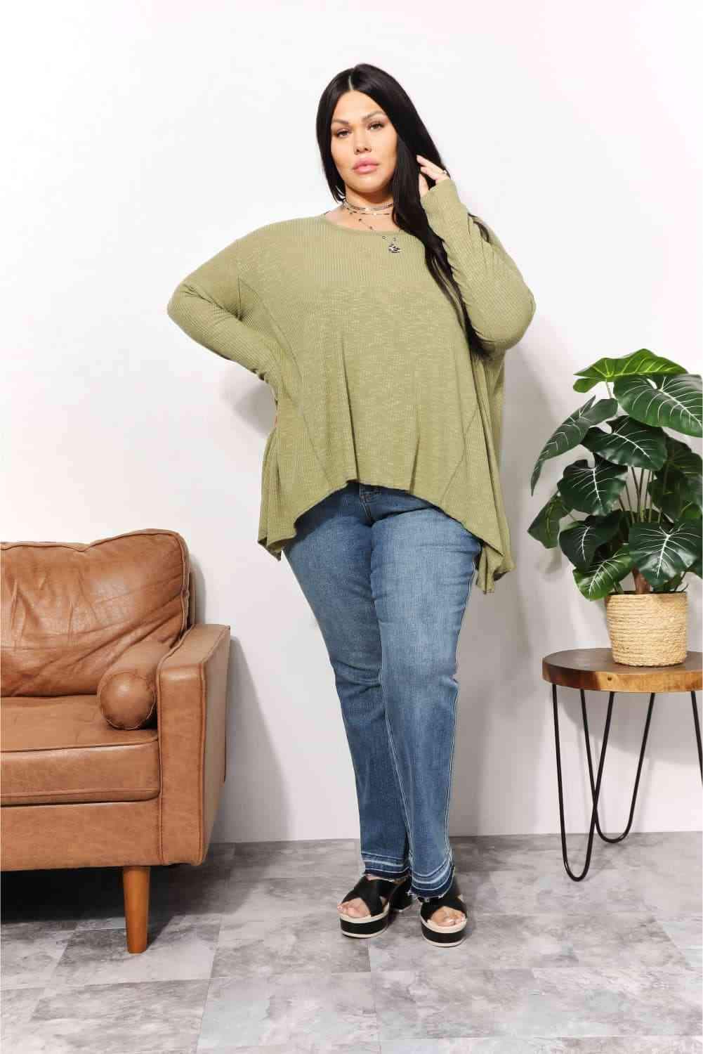 HEYSON Full Size Oversized Super Soft Rib Layering Top with a Sharkbite Hem and Round Neck Blouses - Tophatter Daily Deals