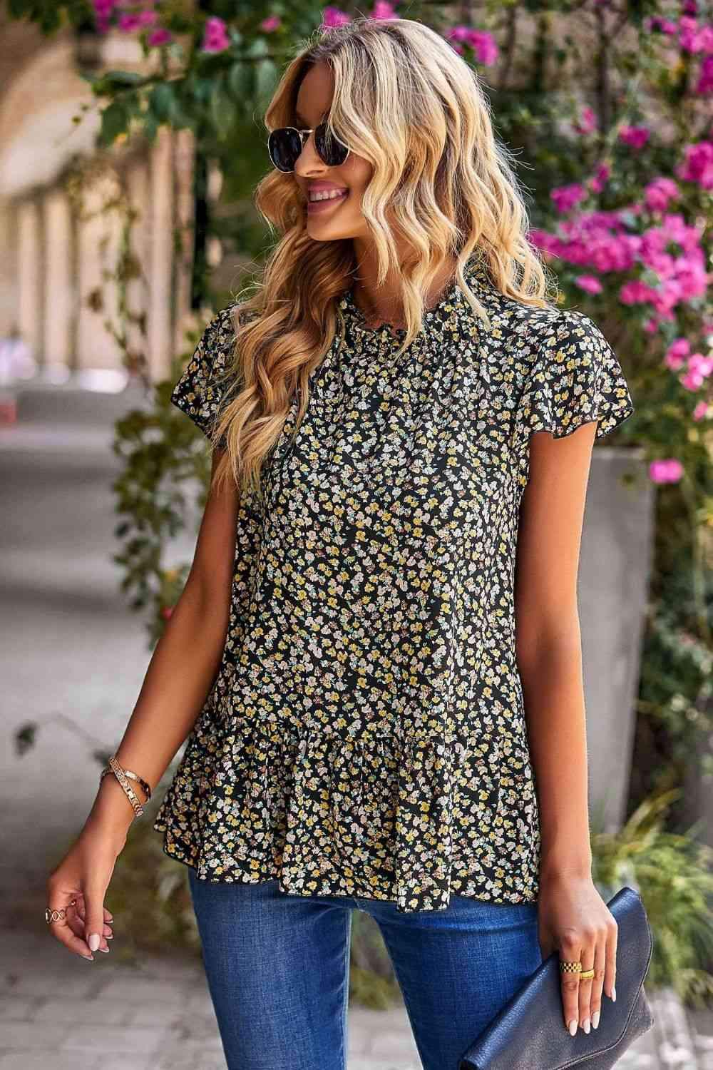 Floral Short Sleeve Peplum Top Floral Blouses - Tophatter Daily Deals