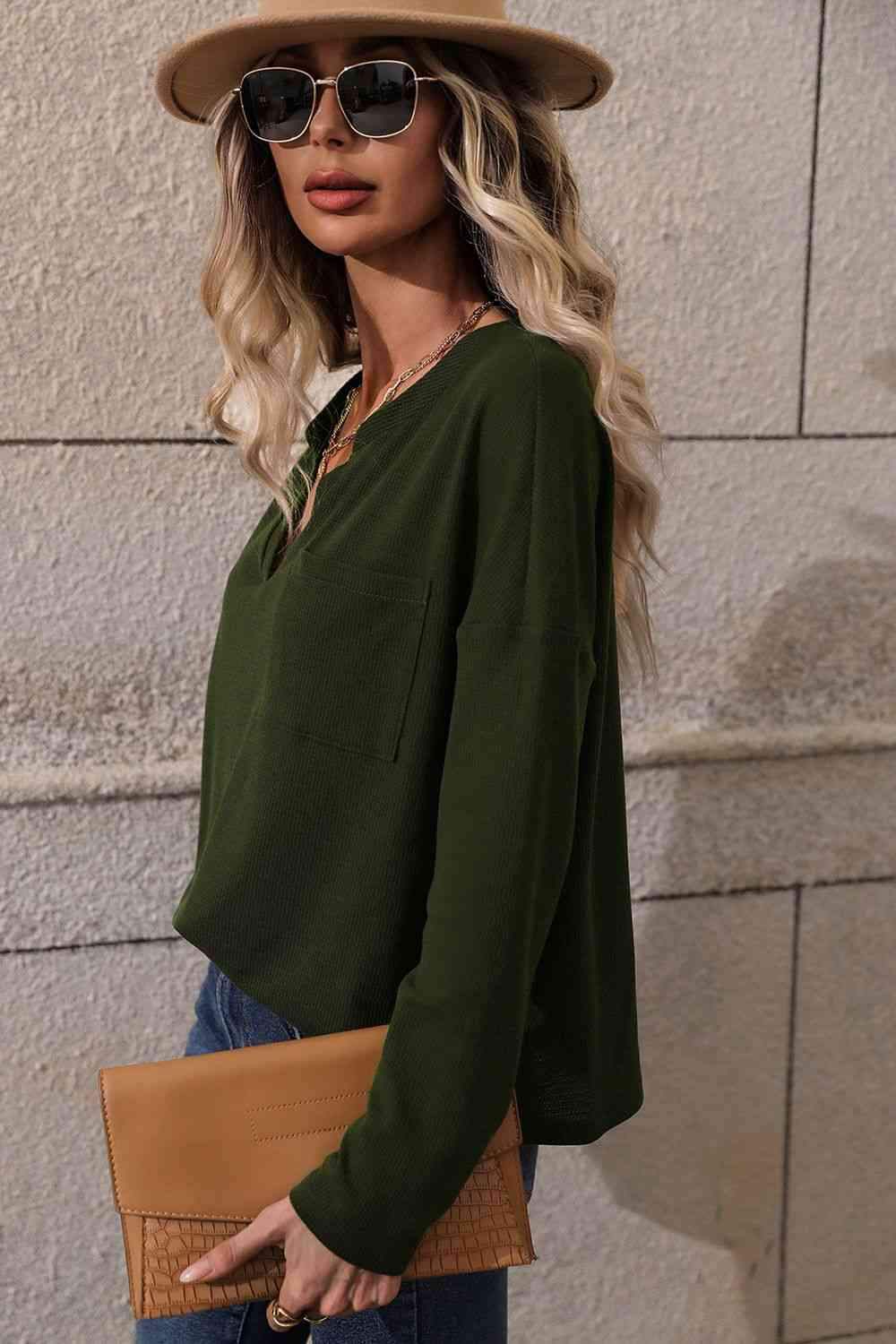 Long Sleeve Notched Neck Blouse Blouses - Tophatter Daily Deals