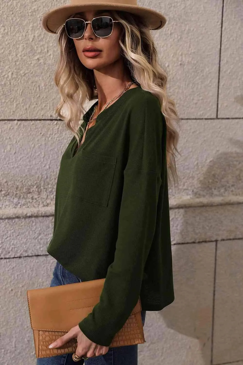 Long Sleeve Notched Neck Blouse Blouses - Tophatter Daily Deals