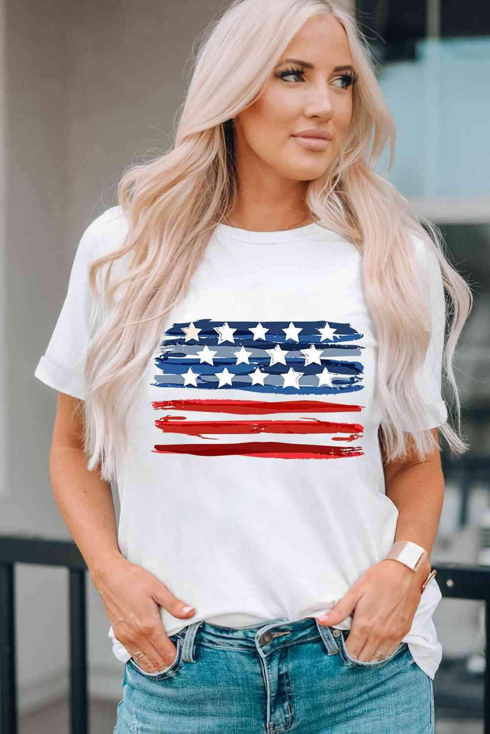 US Flag Graphic Round Neck Tee White Women's T-Shirts - Tophatter Daily Deals