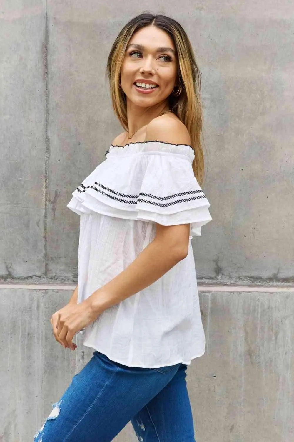 ODDI Full Size Off The Shoulder Ruffle Blouse Blouses - Tophatter Daily Deals
