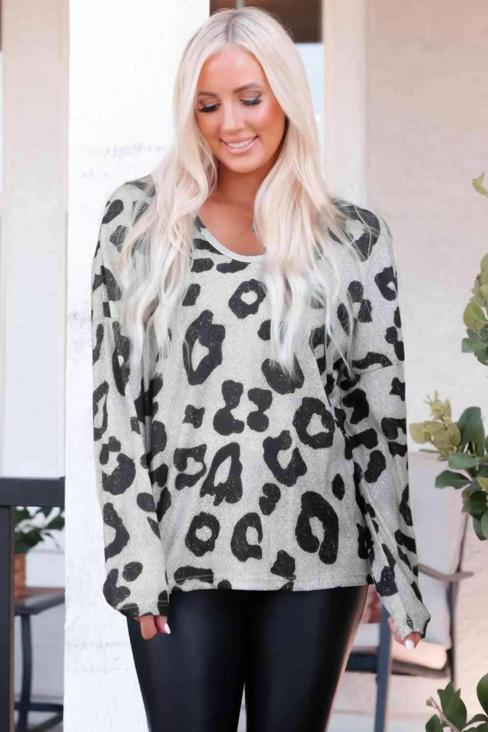 Leopard Round Neck Dropped Shoulder Top Gray Blouses - Tophatter Daily Deals