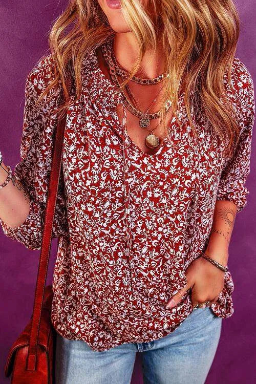 Printed Tie Neck Ballon Sleeve Blouse Blouses - Tophatter Daily Deals