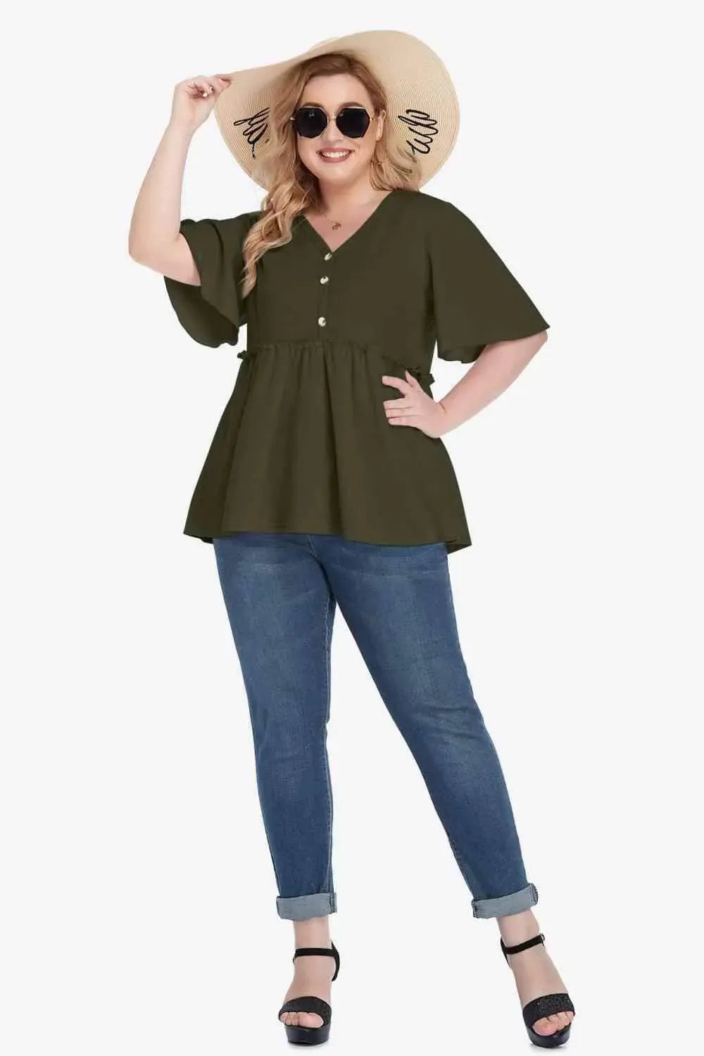 Plus Size Buttoned V-Neck Frill Trim Babydoll Blouse Blouses - Tophatter Daily Deals