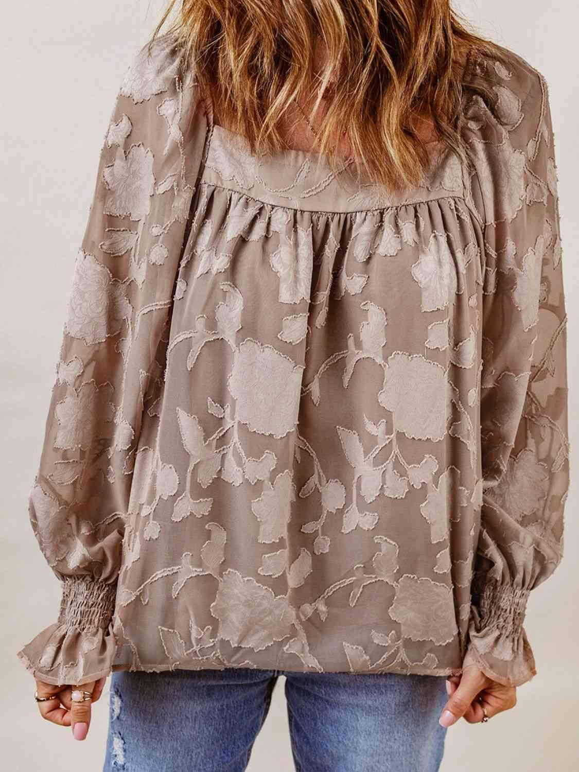 Applique Square Neck Flounce Sleeve Blouse Khaki Blouses - Tophatter Daily Deals