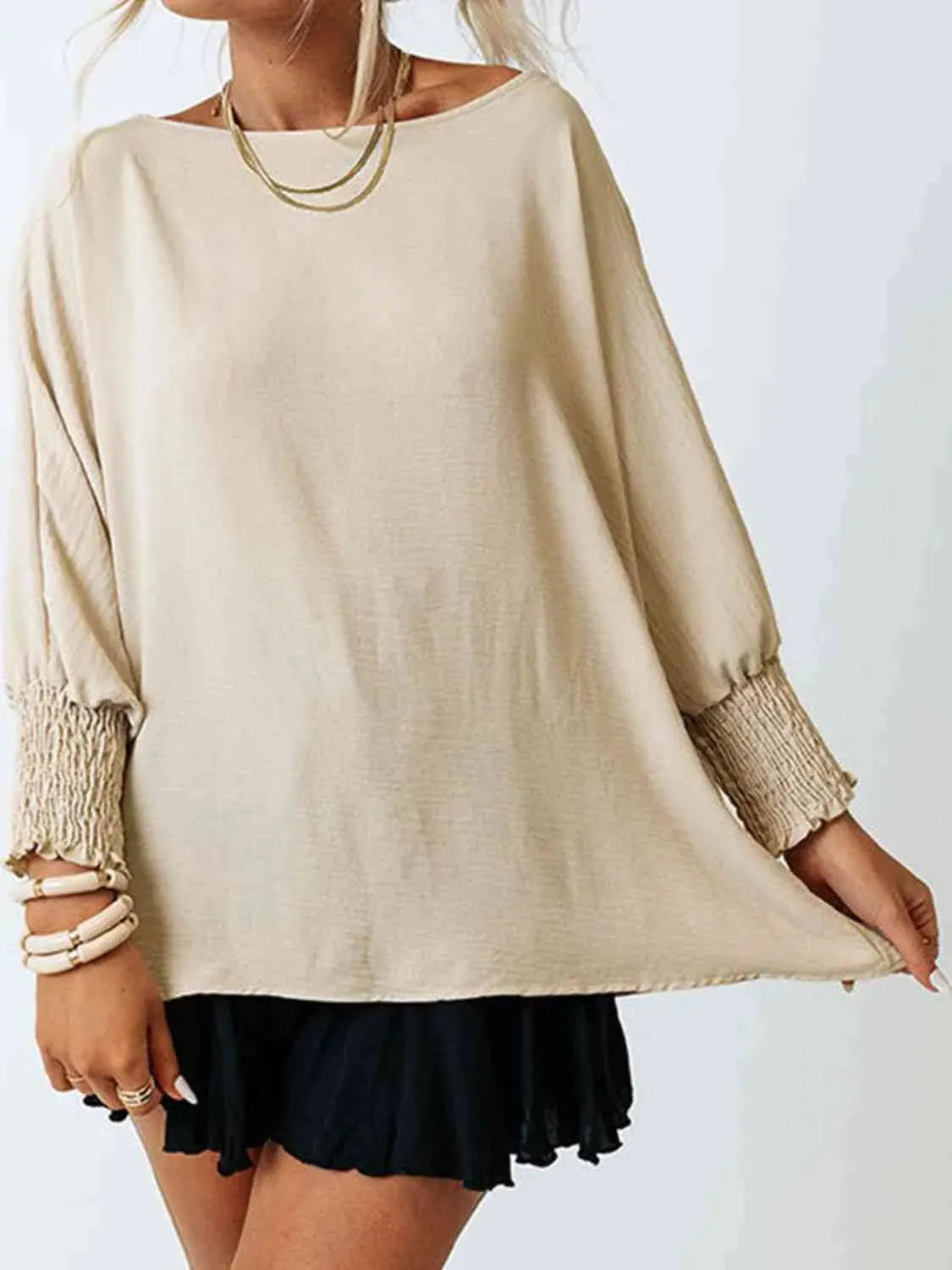 Boat Neck Three-Quarter Sleeve Blouse Beige Blouses - Tophatter Daily Deals