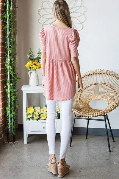Heimish Full Size Waffle Knit V-Neck Babydoll Top Blouses - Tophatter Daily Deals