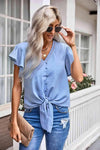 V-Neck Tie Hem Flutter Sleeve Blouse Pastel Blue Blouses - Tophatter Daily Deals