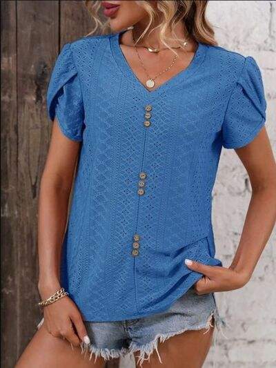 Eyelet V-Neck Petal Sleeve T-Shirt Women's T-Shirts - Tophatter Daily Deals