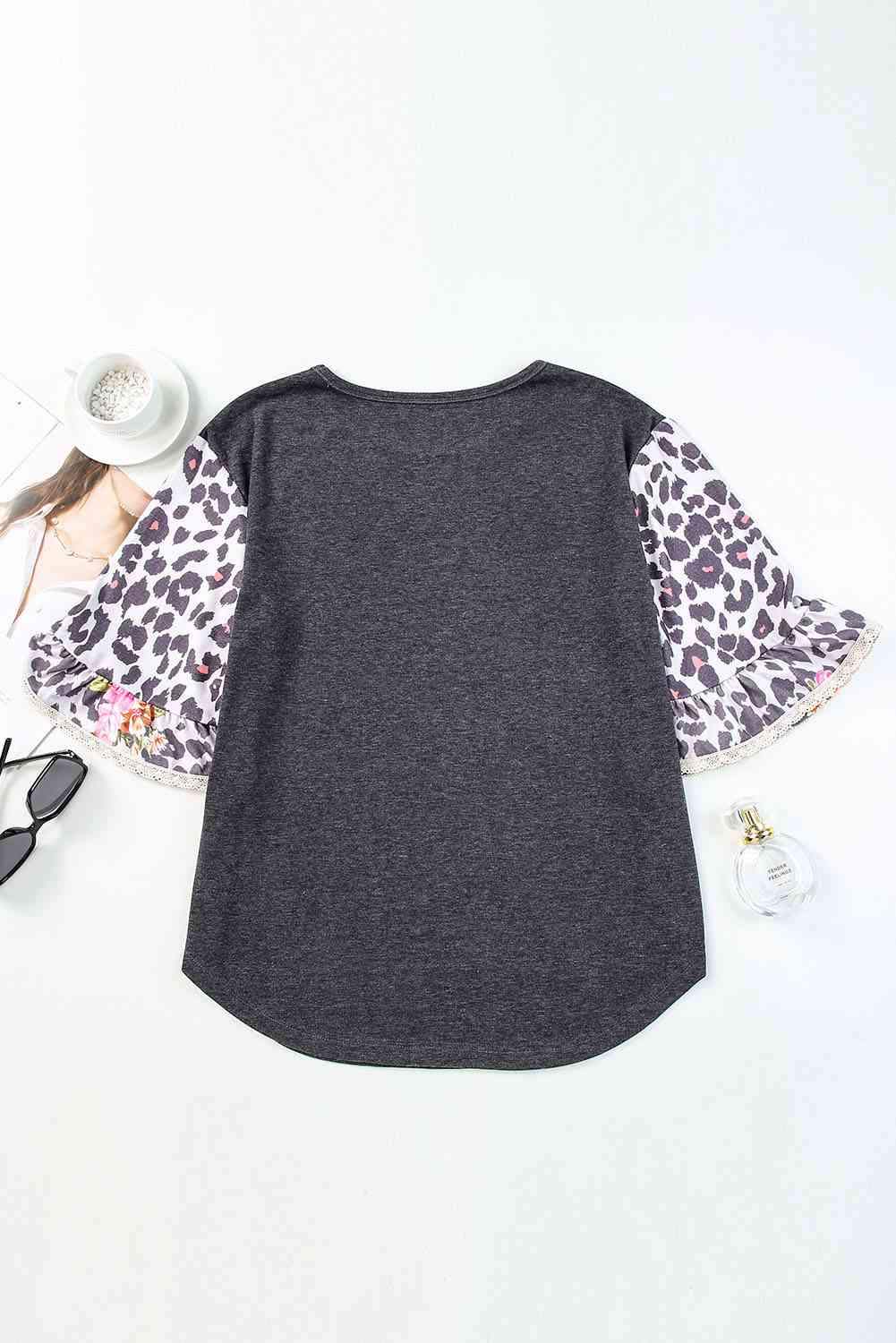 Leopard Flounce Sleeve Round Neck Top Blouses - Tophatter Daily Deals