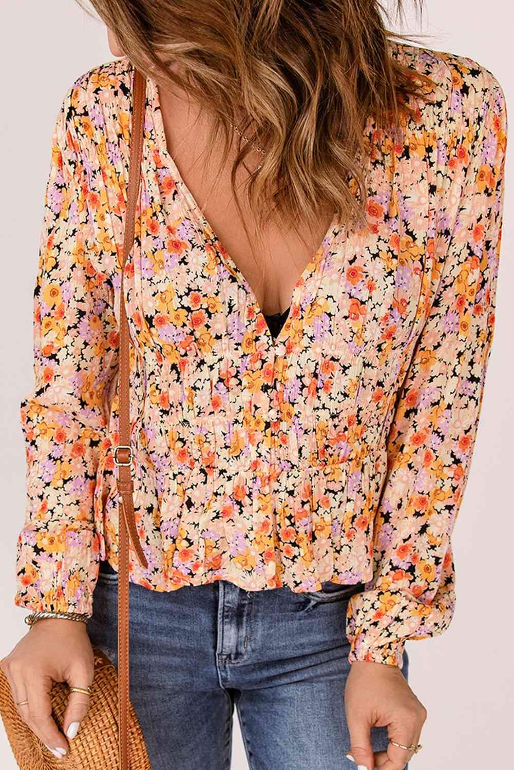 Floral Buttoned Plunge Peplum Blouse Multi S Blouses - Tophatter Daily Deals