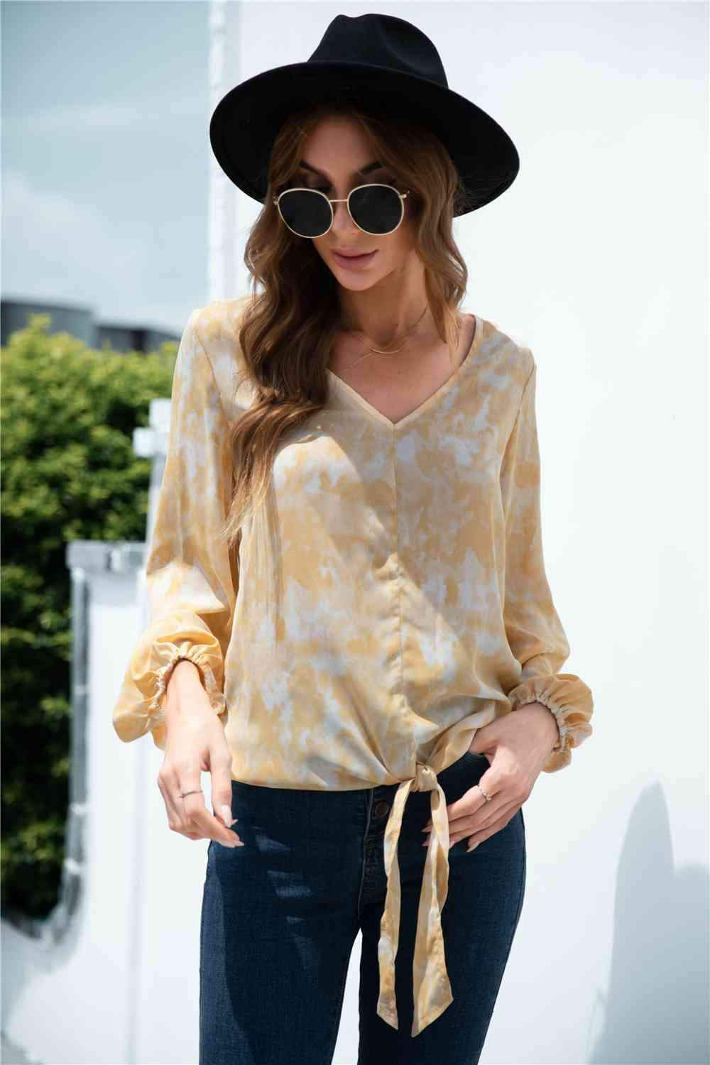 Tie-Dye Tied Balloon Sleeve Blouse Blouses - Tophatter Daily Deals