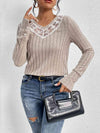 Lace Detail Ribbed V-Neck Long Sleeve Top Blouses - Tophatter Daily Deals