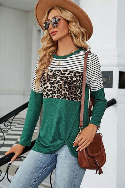 Leopard Striped Round Neck T-Shirt Green Women's T-Shirts - Tophatter Daily Deals