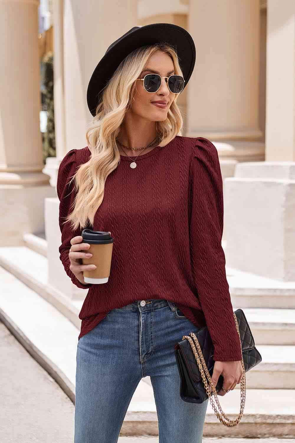 Round Neck Puff Sleeve Blouse Wine Blouses - Tophatter Daily Deals