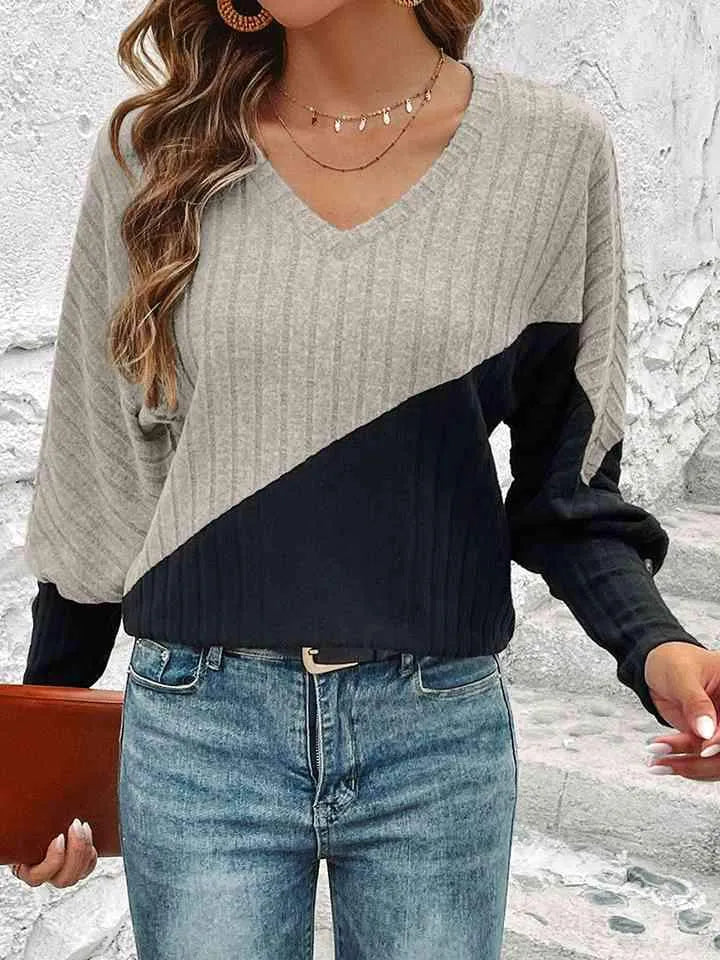 Contrast Buttoned V-Neck Blouse Blouses - Tophatter Daily Deals