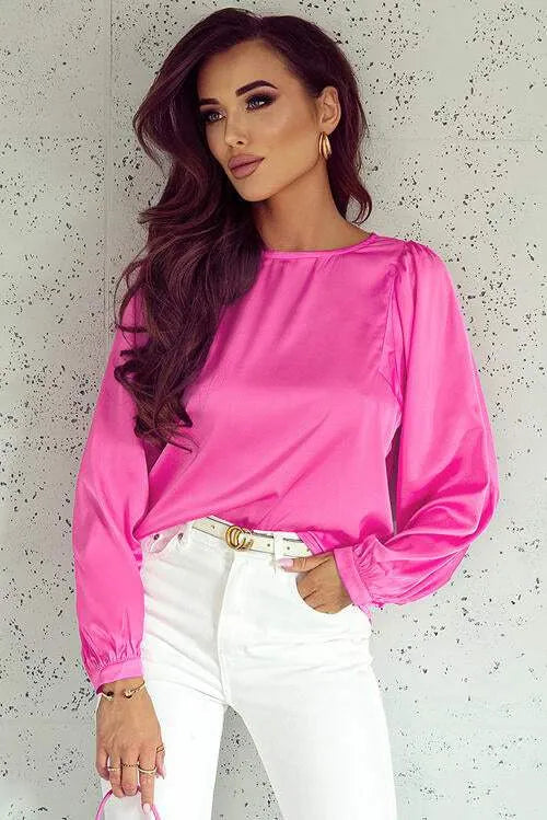 Round Neck Ruff Sleeve Blouse Blouses - Tophatter Daily Deals