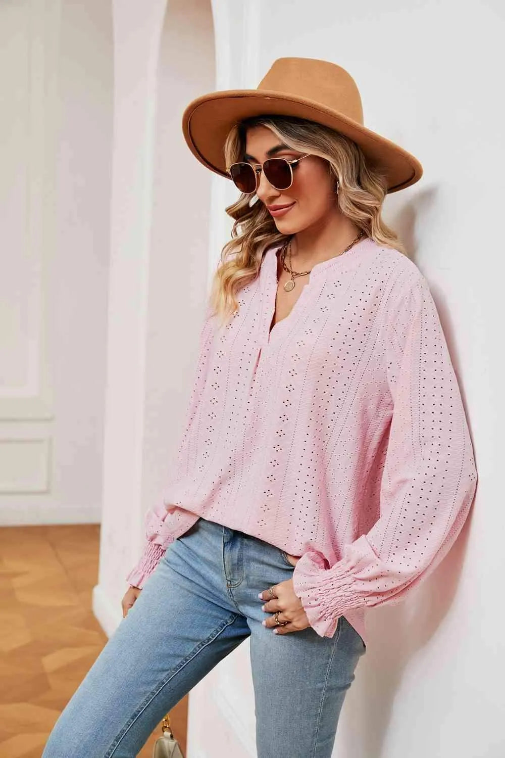 Notched Neck Flounce Sleeve Blouse Blouses - Tophatter Daily Deals